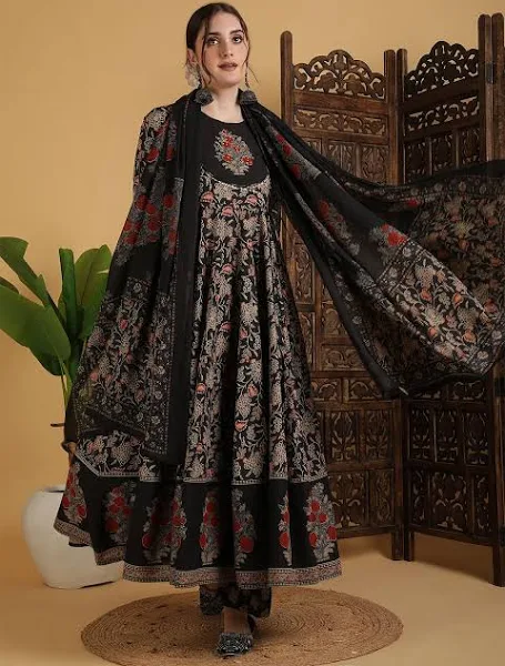 KIMAYRA Floral Printed Anarkali Pure Cotton Kurta With Palazzos And Dupatta - Image 3